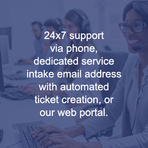 24x7 support via phone, dedicated service intake email address with automated ticket creation, or our web portal.