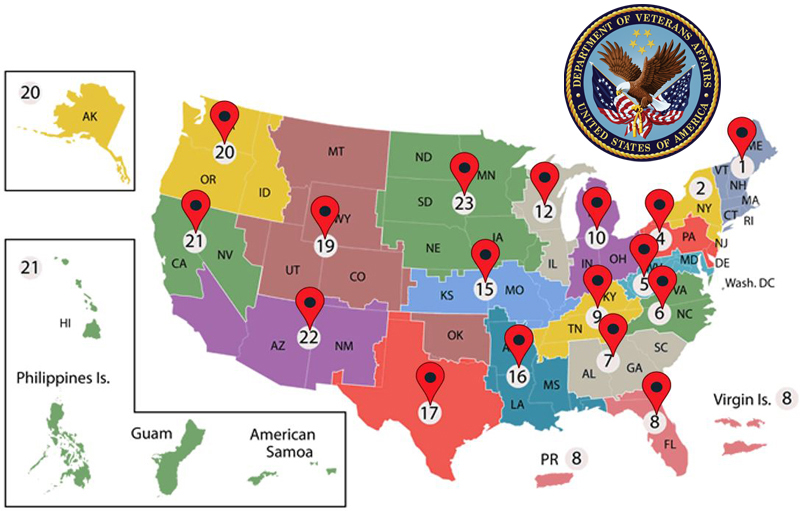 map displaying VA medical centers across the country that SCI has been delivering next generation clinical HTM solutions to since 2004